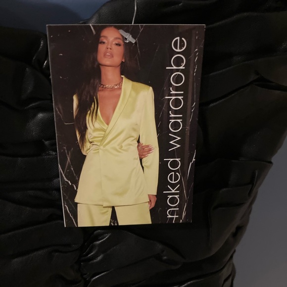 Puffy Sleeve Faux Leather Draped Mini Dress Black NWT - Picture 4 of 6